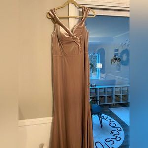 Revelry Champagne Velvet Bridesmaid Dress, Size 14, Petite Maxi, Style: Bardot